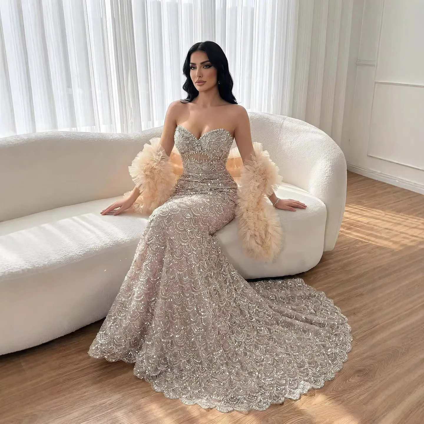 Serene Hill Beaded Evening Dress Nude Floor-Length Mermaid