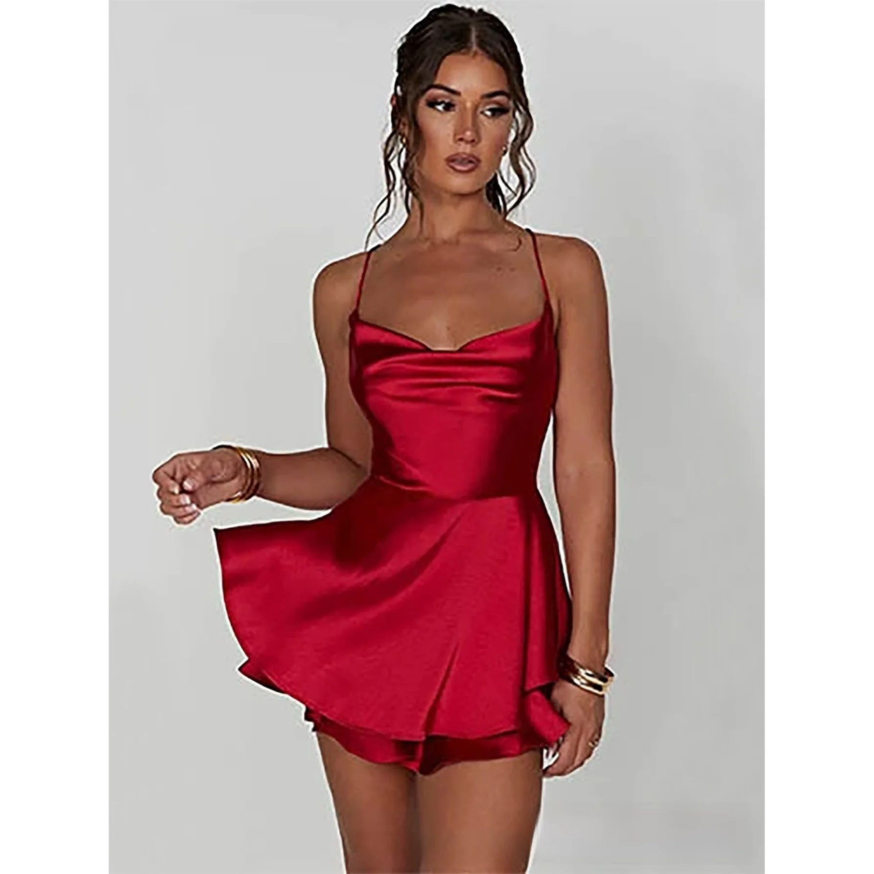 Sexy Summer Plaid Strapless Backless Women's Dress Drawstring Bustier Satin Fabric No Sleeve Hollow out mid Waist Beachwear