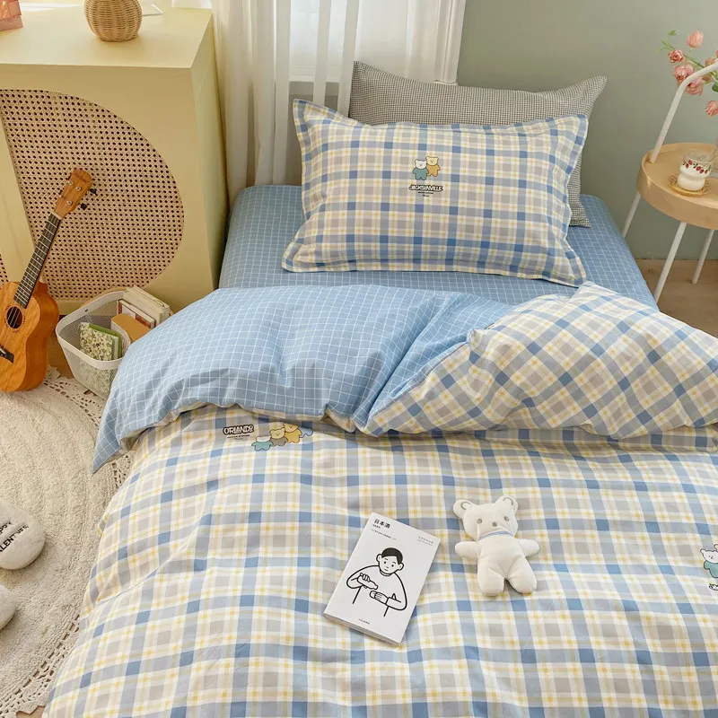 Cute Blue Plaid Bedding Set 100% Cotton Duvet Cover Sheet Pillowcases Soft Breathable Cartoon Bear Embroidery Machine Washable