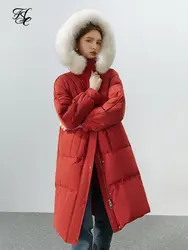 FSLE 144-177.5G Filling Capacity Festivities Red Long Down Jacket for Women Winter 2022 Chic Design White Down Coat Women