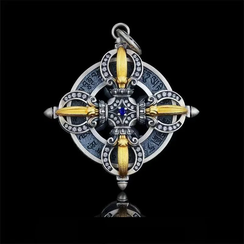 Ethnic Style Crystal Stones Vajra Pendant Men Jewelry Retro Collision Cross Necklace Male Choker Accessories
