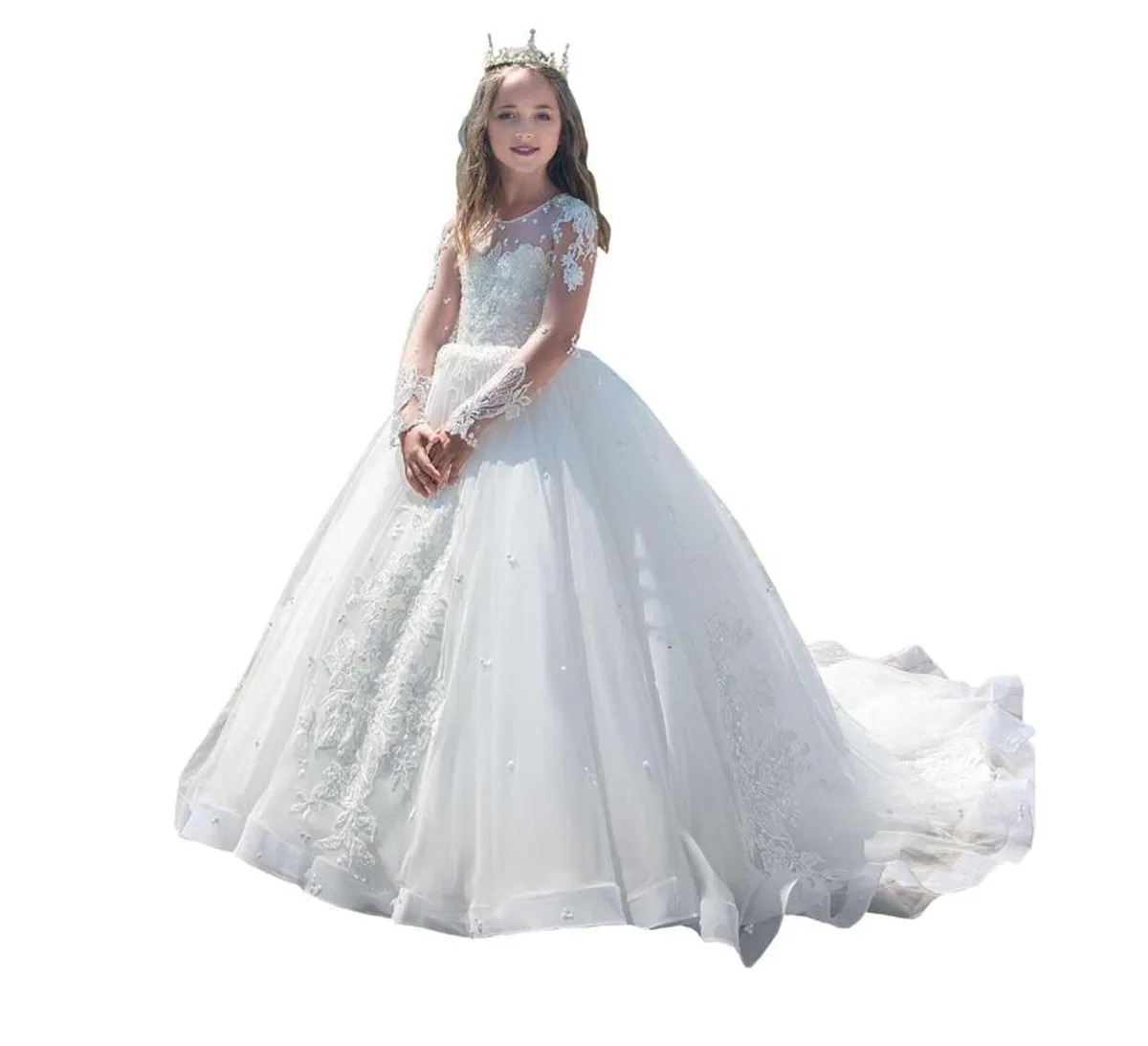 Long Sleeves Flower Girl Dresses for Wedding Luxury Junior Bridesmaid Dress Lace Princess Ball Gowns