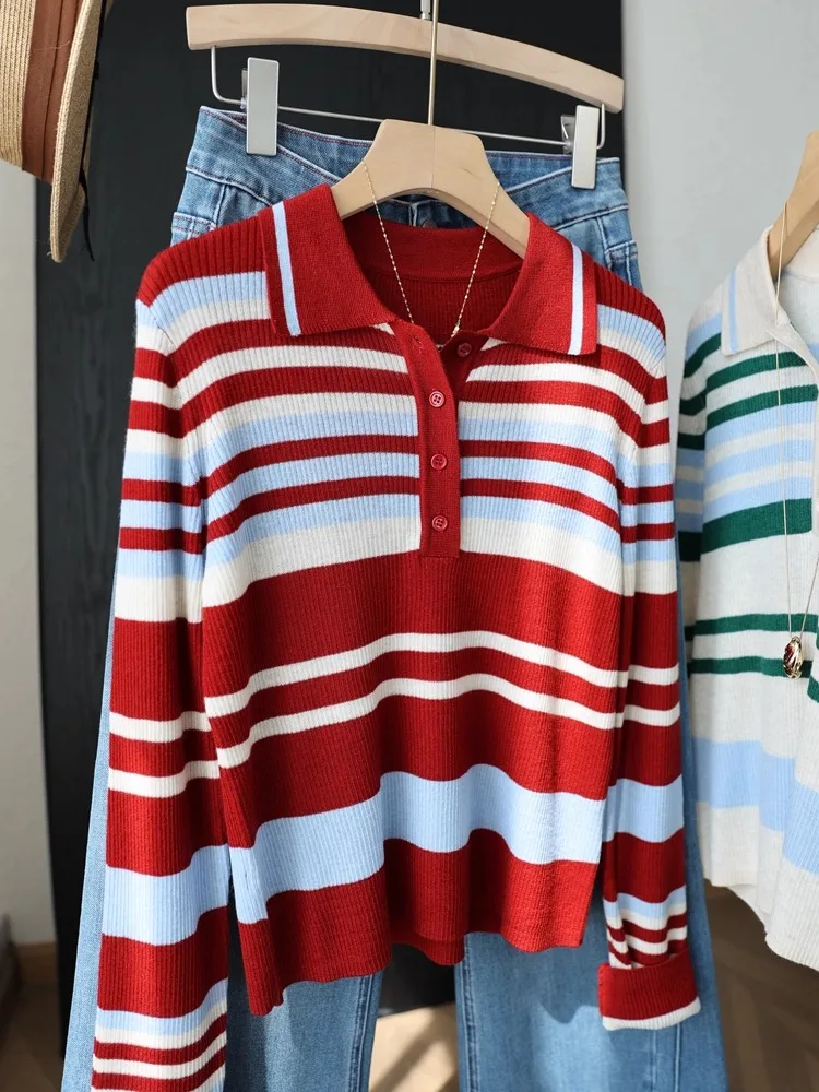 เสื้อถักลายทางสำหรับผู้หญิงไซส์ใหญ่ สไตล์ลำลอง ทรงหลวม ใส่สบาย เหมาะสำหรับฤดูใบไม้ร่วงและฤดูหนาว ให้ความรู้สึกหรูหรา