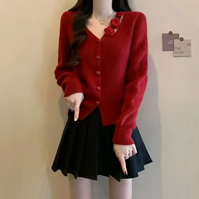 

Women's Flower Knit Cardigan 2025 Spring Autumn Woman V-Neck Sweater Sweet Korean Style Knitted Flowers Student Casual Coat