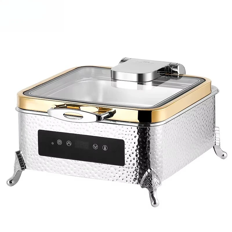 Golden Edge Lid 304 Stainless Steel Electric Chafing Dish Remote Control Temperature Bain Marie Food Warmer