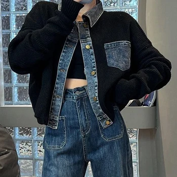 Kore tarzı tasarım, niş, bol kazak, kadın 2023 sonbahar yeni denim patchwork örme üst ceket