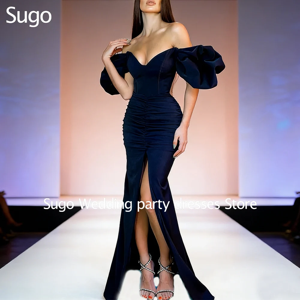 فساتين سهرة طويلة أنيقة مخصصة باللون الأزرق الداكن للمناسبات الخاصة بأكمام قصيرة بطول الأرض للنساء للحفلات الراقصة #1