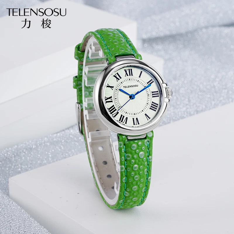 ساعة TELENSOU كوارتز للسيدات بحزام جلدي من الفولاذ المقاوم للصدأ طلاء مضاد للانعكاس منحني من الياقوت الاصطناعي GlassLady's Watch 8801
