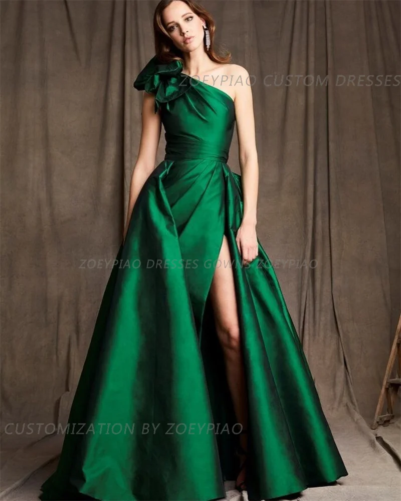 Vintage Green Satin Formal Evening Dresses Long One Shoulder Side Slit Saudi Arabic Women Prom Gowns Robe de soiree Abendkleider