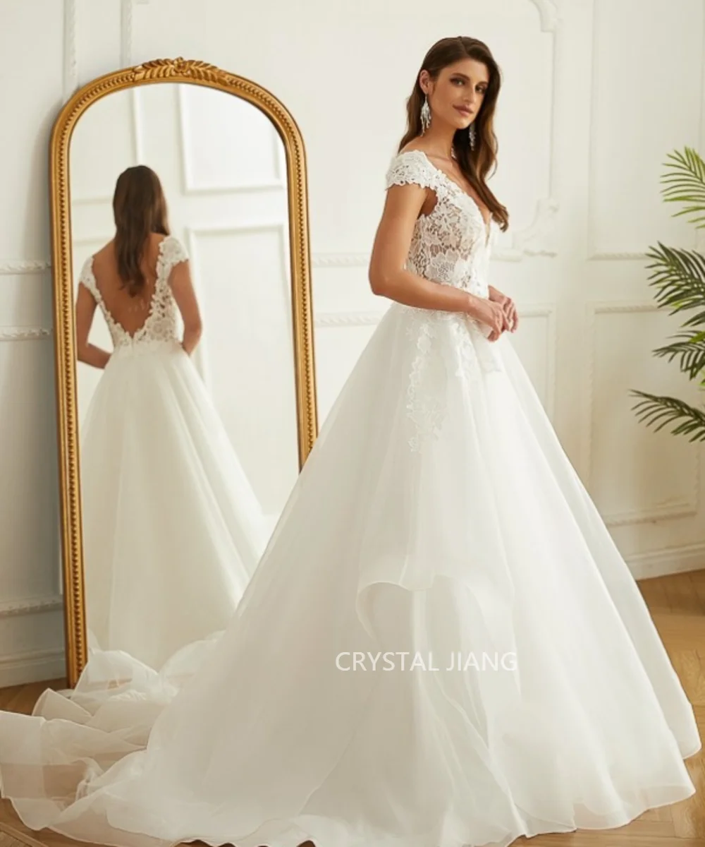 Vestidos de casamento longos em V para mulheres, organza, sem mangas, sem encosto, linha A, trem tribunal, feito sob encomenda