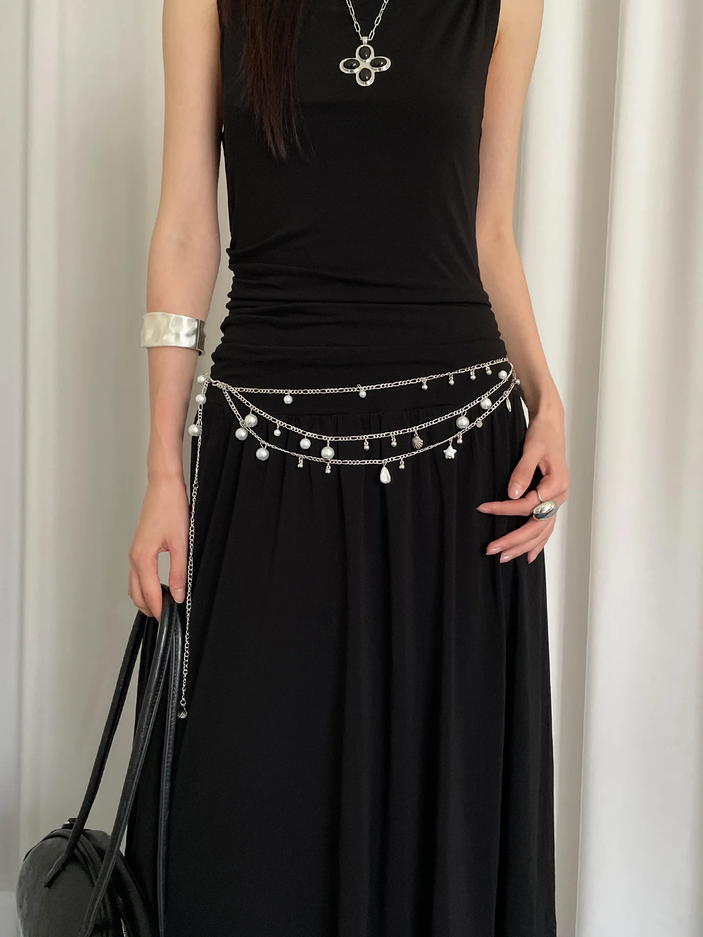 Cadena de cintura de Metal con perlas multicapa para mujer, cinturón bohemio, decoración a juego con faldas, a la moda