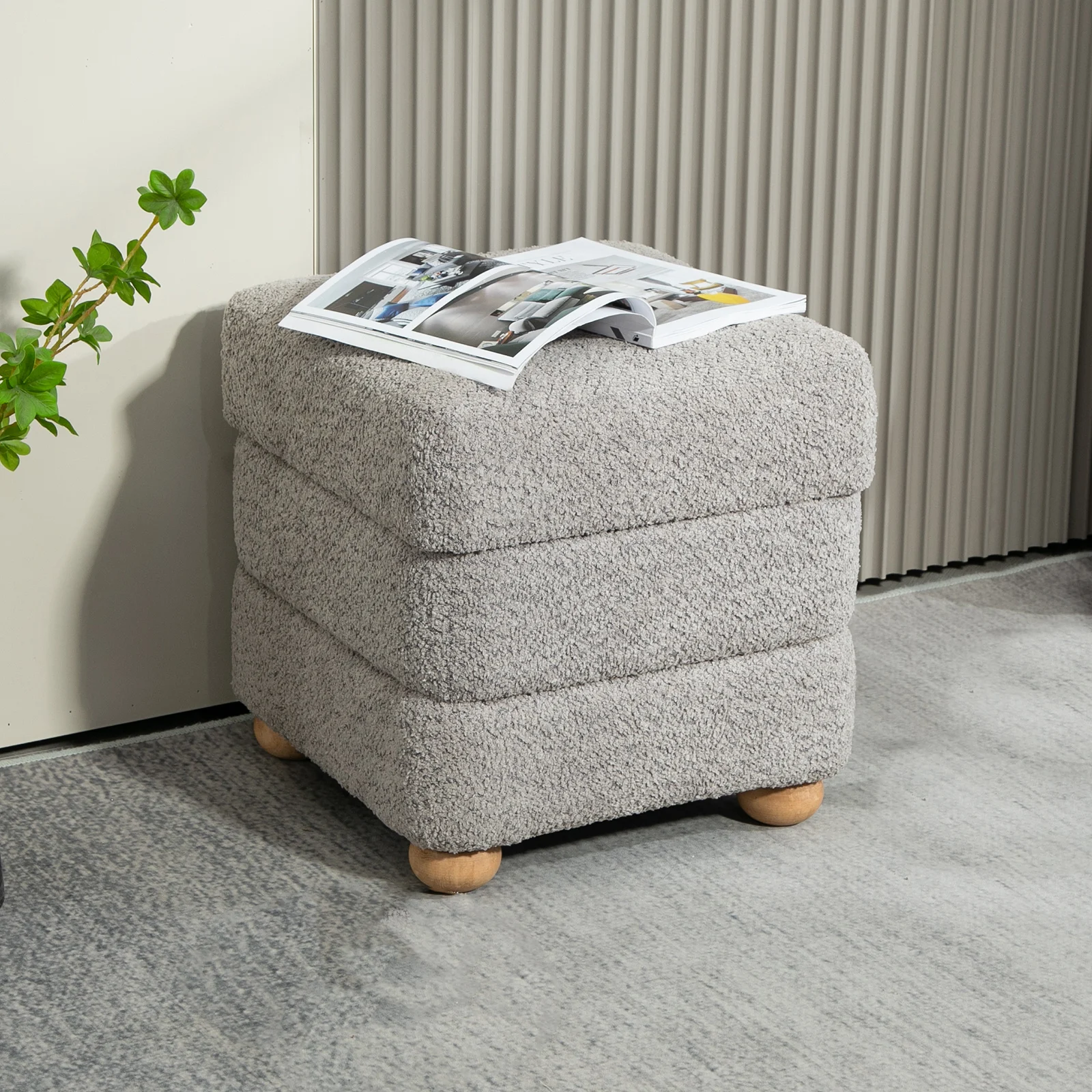 Upholstered Ottoman with Storage, Storage Ottoman Footstool with Wood Legs for Bedroom Living Room Lamb Fabric Gray