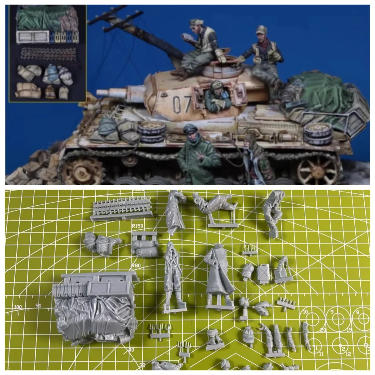 

1: 35 Casting Resin Model Kit Tank Stacks 4 Characters Grey Model Scene Layout Toy Model