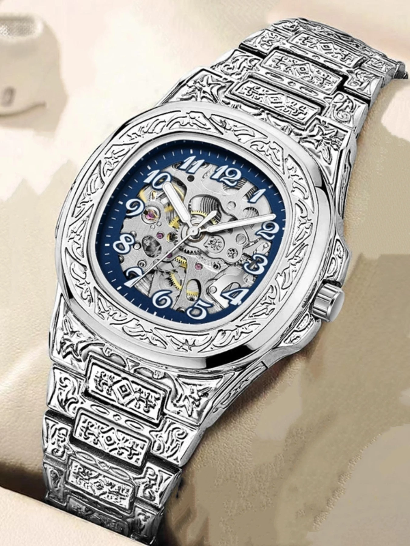 Men's Automatic Mechanical Wristwatch, Vintage Embossed Carved Hollow-Out Watch, Waterproof Luminous Men's Watch, Luxurious High-End Business Watch, Retro Fashion Trend Style, Perfect Gift, Hot-Selling Mechanical Watch, Hollow-Out Movement, Men's Business Casual Watch, Embossed Craftsmanship