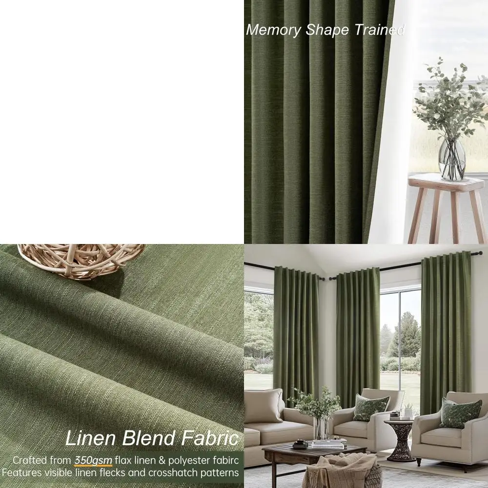 

Olive Green 84 Linen Pinch Pleat Curtains with Hooks, Boho Style, Full Blackout for Living Room & Bedroom