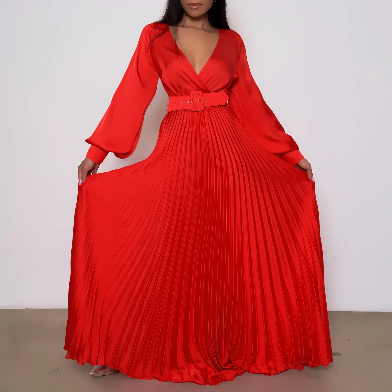 African Pleated Maxi Robe Femme V-neck Dresses for Women 2023 Autumn Long Sleeve Traditional Abaya Muslim Clothing With Belt