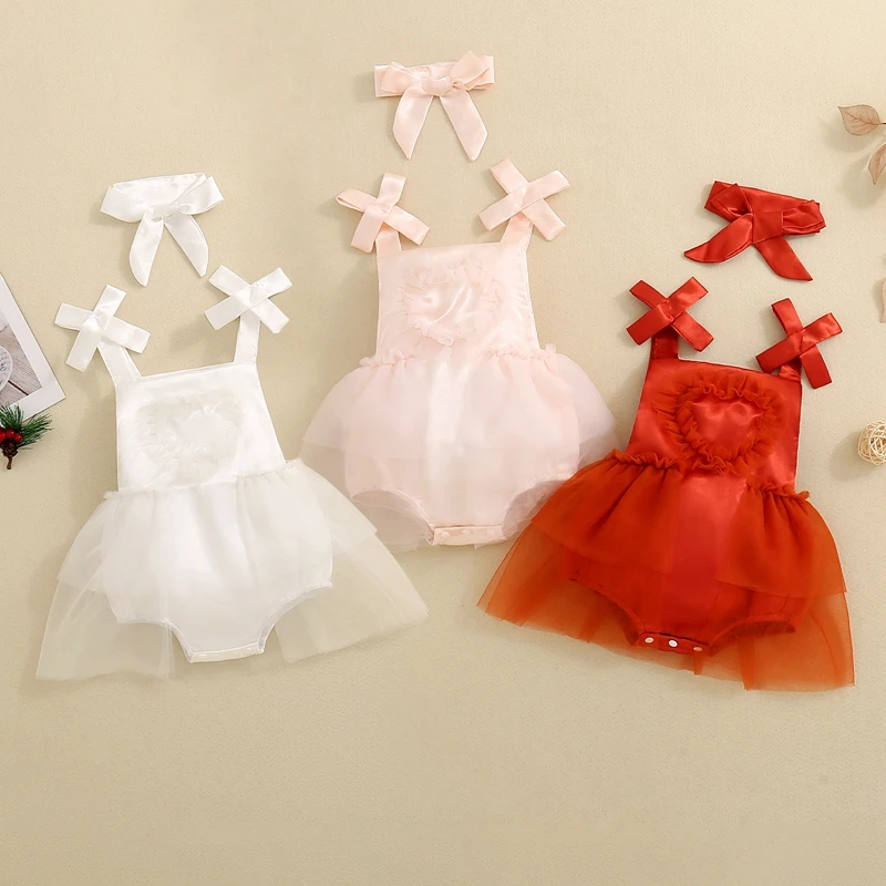 

2024-05-20 Lioraitiin Baby Girls Romper Dress Heart Pattern Bowknot Straps Sleeveless Mesh Skirt Hem Bodysuits with Headband