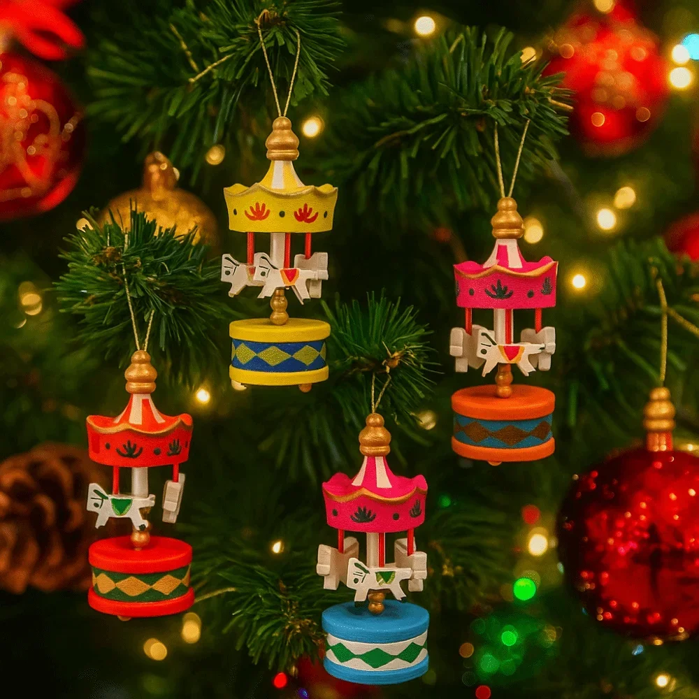 12/24 pcs Christmas Mini Wooden Carousel Hanging Ornaments Merry Go Round Horse Xmas Tree DIY Craft New Year Party Decor Gift
