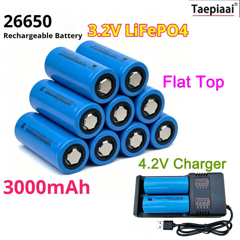 

Taepiaai LiFePO4 Battery 3.2V 3000mAh Large Capacity 26650 Long Lasting Rechargeable Power with 4.2V Charger for RC Cars Boats