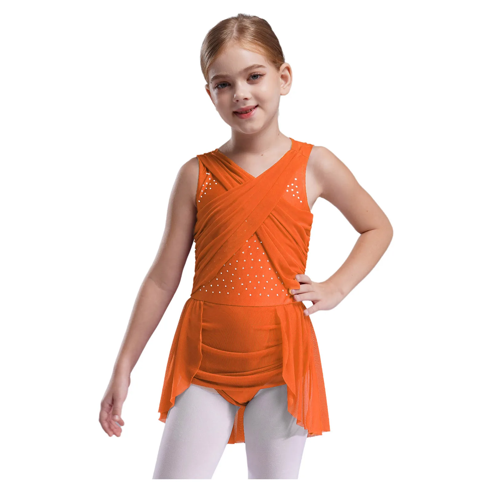 

Kids Girls Ballet Dance Gymnastics Leotard Dress Figure Skating Performance Dancewear Shiny Rhinestones Mesh Overlay Bodysuit