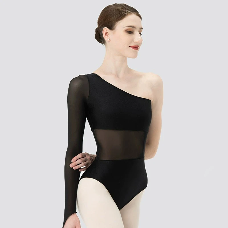 المرأة رداء رقص الباليه قطعة واحدة غير المتكافئة المائل الكتف شبكة لصق الرقص الجمباز مثير اليوغا ارتداءها
