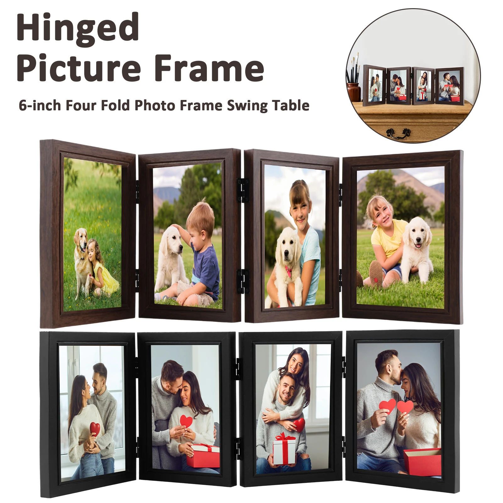 Hinged Picture Frames 4x6 inch Foldable Photo Frame with High Definition Glass 4 Opening Photo Frame Black/Coffee Color Picture