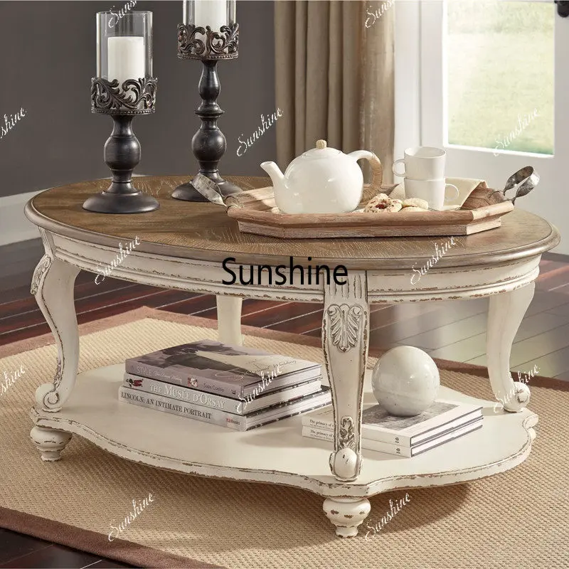 

American neo-classical solid wood oval coffee table white distressed carved legs living room country