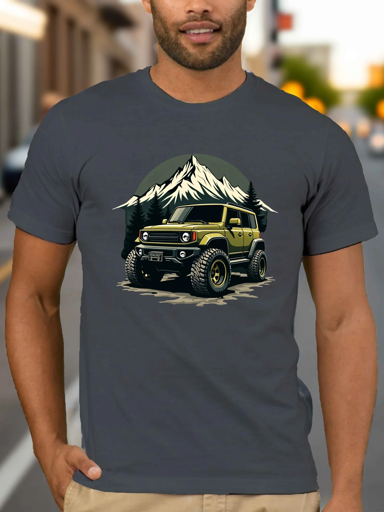 

Men'S Off-Road Vehicle & Mountains Graphic T-Shirt, Casual Crew Neck Polyester Tee, Summer Knit Fabric Top with Slight Stretch,