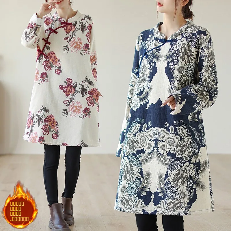 

Ретро-юбка миди с принтом под водяной знак, на флисовой подкладке, утепленная, улучшенная модель, осенне-зимняя, с воротником-стойкой и боковыми пуговицами