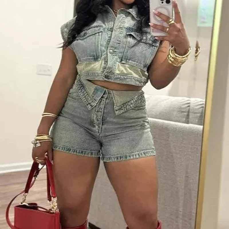 

Denim Shorts Sets Women 2 Piece Suit Top Jeans Ensemble Summer 2025 Single Breasted Turn Down Collar Short Pants Vintage Outfits