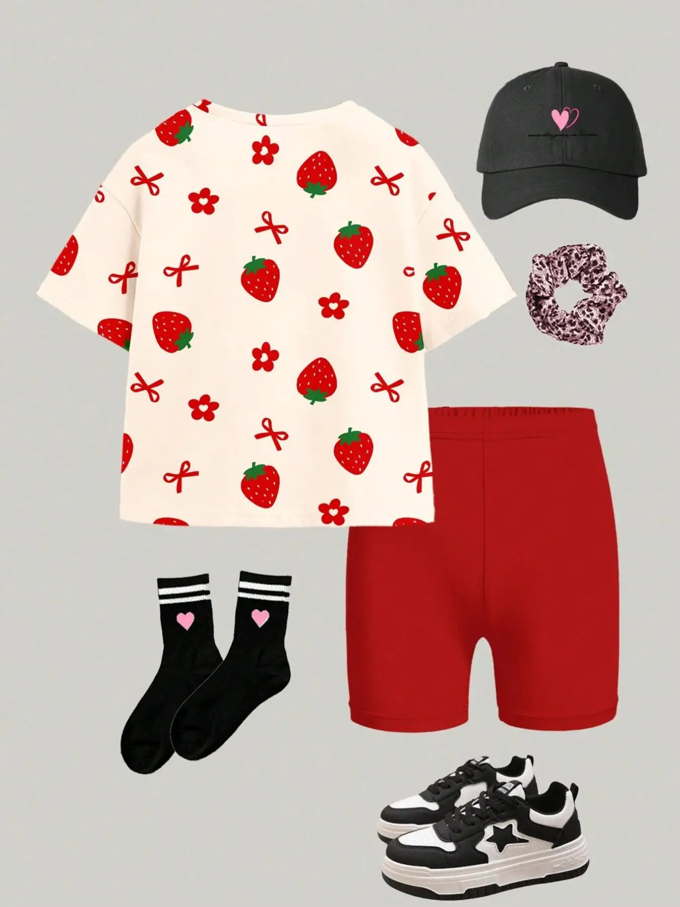 Strawberry Bowknot Floral Print Set in Red and White Color-Blocking, Summer Girls' T-Shirt and Comfortable Tight Shorts Two-Piece Set, Suitable for Children Aged 4-12, Versatile for Home and Outdoor Casual Wear
