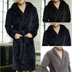 Casaul Men's Plush Shawl BathRobes with Sashes Men Soft Long Sleeve 2 Side Pockets Cloak Winter Solid Warm Dressing Gown M-XXL