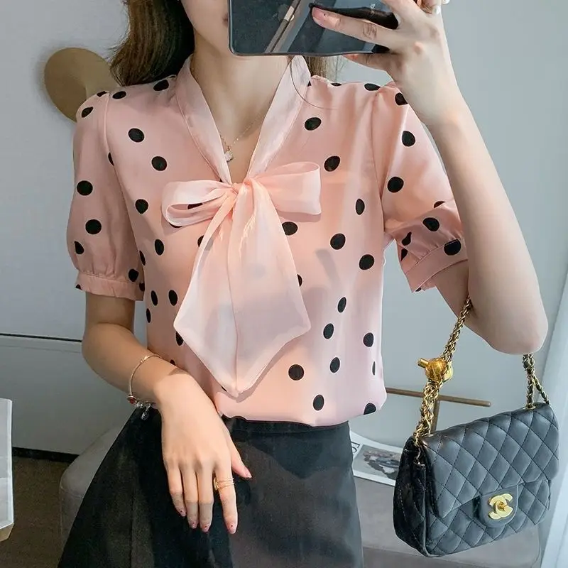 2024 Summer New Large Size Chiffon Bow All-match Loose Casual Short Sleeved Women Polka Dot V-neck Puff Sleeve Comfortable Shirt