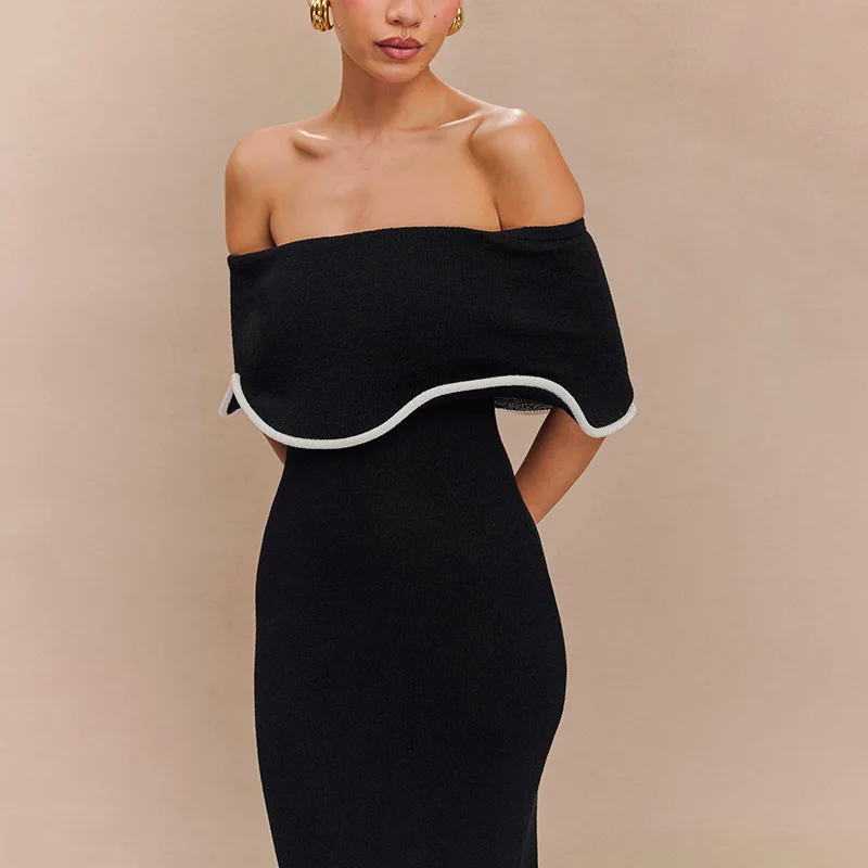 French Sexy Women Linen Suspender Long Dress Fashion Women Black Patchwork Slip Off Shoulder Dresses Pleated Loose Contrast