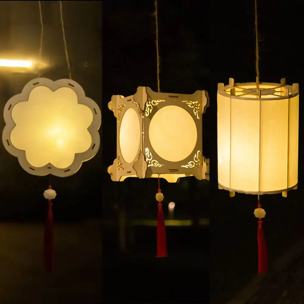 Wooden Mid-Autumn Festival Lantern LED Light Creative Handmade Hanging Lamp Drawing Chinese Style Art Lantern Mid-autumn