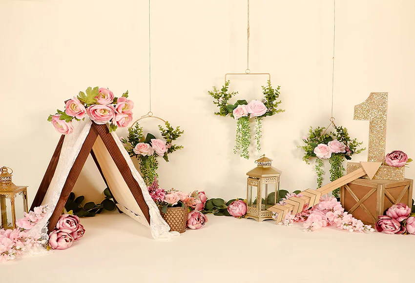 Mehofond – tente de Camping florale rose, flèche de fleurs, arrière-plan de photographie, décor de gâteau de 1er anniversaire pour fille, arrière-plan de Studio Photo
