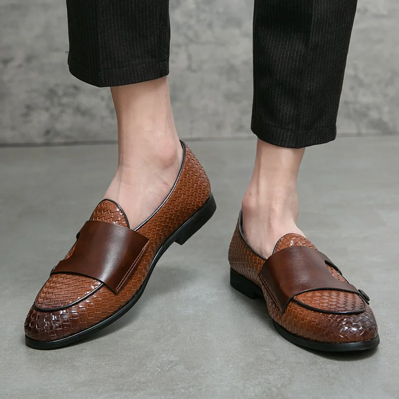 British Style Weave Pattern Microfiber Leather Monk Shoes Mens Buckle Party Wedding Loafers Moccasins Men Driving Flats