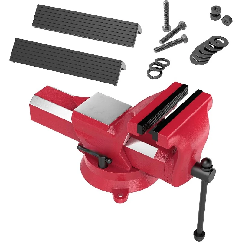 6 Inch Bench Vise, 360° Swivel Base, 8,800 lb Clamping Force, Forged Steel, Table Vise Bench, Red Benchtop Vise