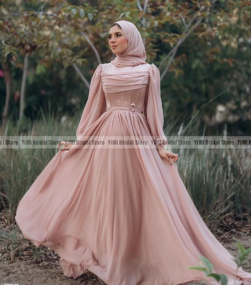 Blush Chiffon Prom Dresses for Hijab Women High Neck Long Sleeve Floor Length A Line Pleats Muslim Evening Party Gown Customized