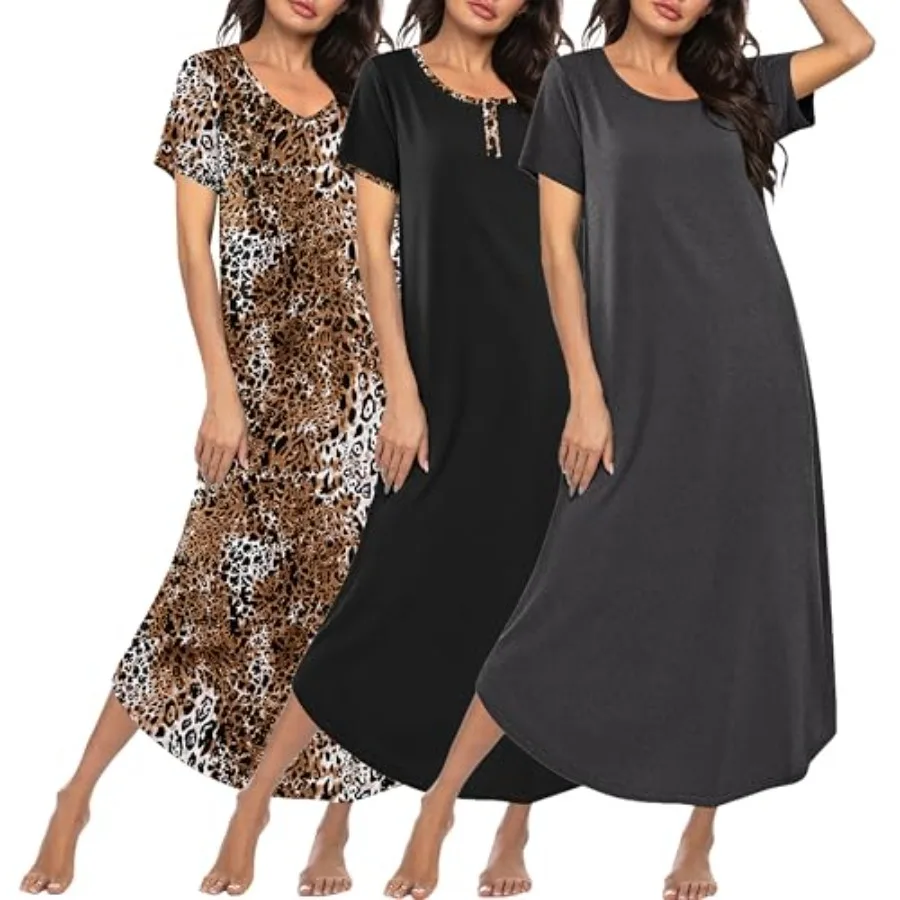 Ekouaer 3 Pack Long Nightgowns for Women Plus Size Moo Moos Short Sleeve House Dress Button Night Gown Soft Sleepwear S-5XL