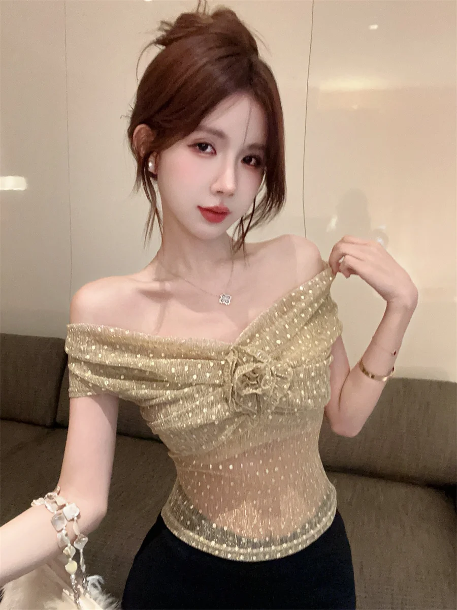 Koreanische Sle Sanfte Blumen Eine oulder aushöhlen Pure Desire Polka Dot Abnehmen ort Top frauen Sommer T-shirt