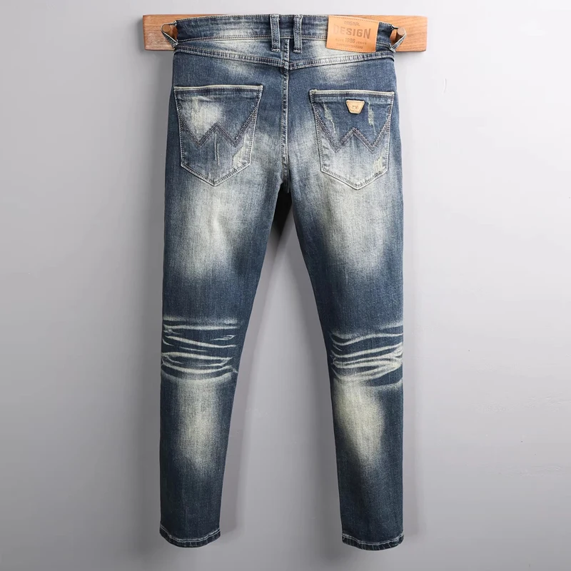 Designer Fashion Designer Men's Jeans Wrinkle Washed Blue Stretch Slim Fit Jeans High Quality Straight Pants Hombre