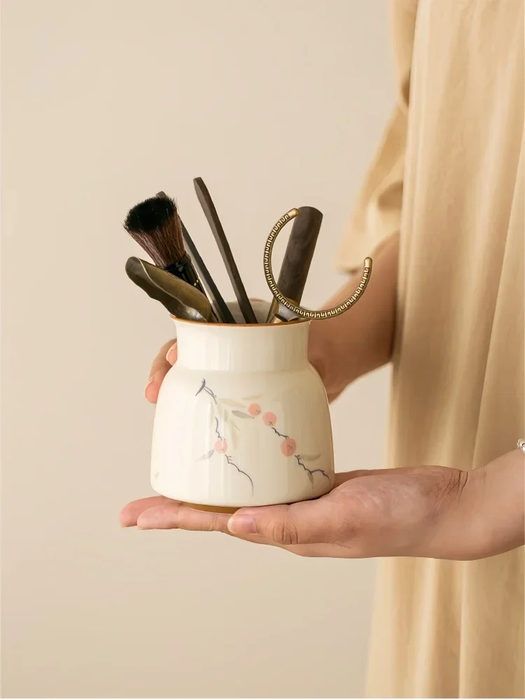 Hand-Drawn Persimmon Tea Set Kung Fu Tea Ceremony Accessories Storage Chinese Tea Canister Utensils Pen Case Pot Six Pieces Set