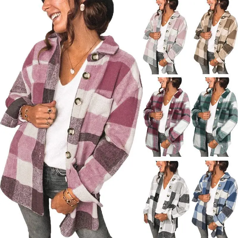 Women Plaid Shacket Button Down Long Sleeve Lapel Collar Shirt Jacket Chest Pocket Soft Brushed Fabric