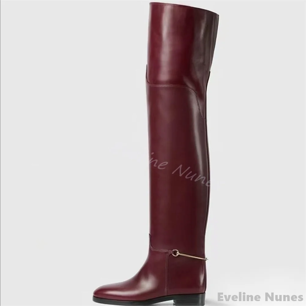 

Claret Metal Decoration Over The Knee Boots Women Round Toe Chunky Heel Slip On Long Boots 2025 Spring New Fashion Designer Boot