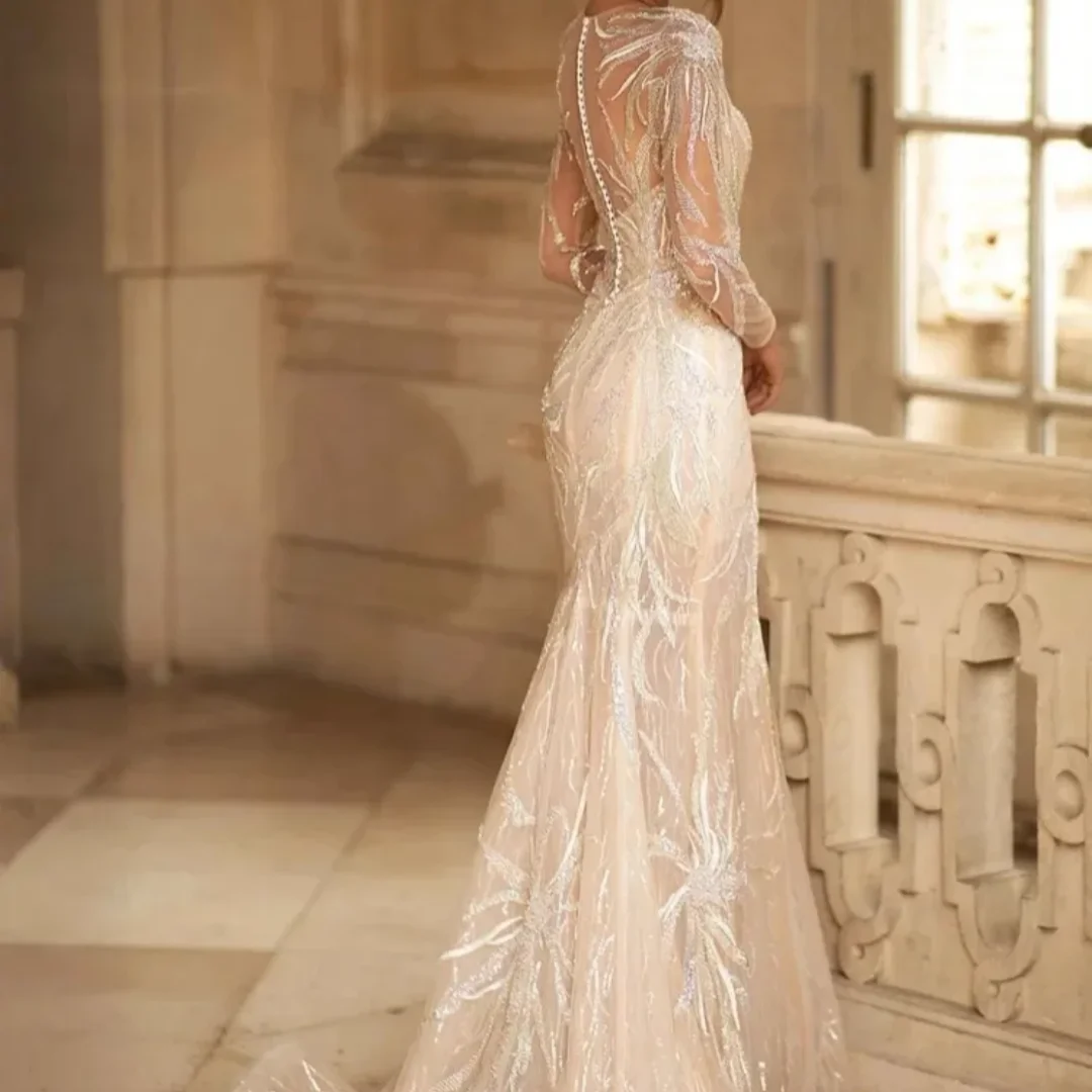 Sparkly Sequins Beads Wedding Gown Detachable Train Bride Robe Modest Long Sleeve Bridal Dress Customized