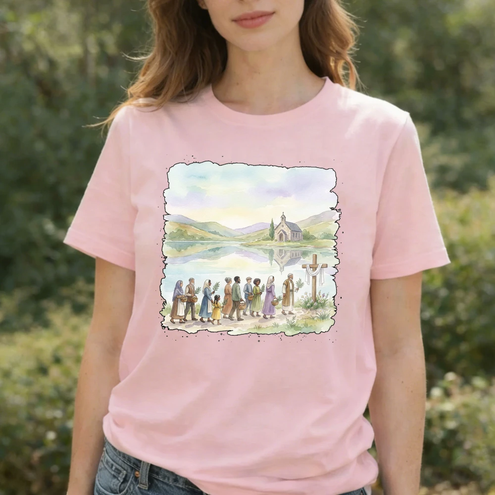 Watercolor Religious Easter T-Shirt Pilgrim Procession with Church Cross Lakeside Graphic Faith-Focused Festive Casual T-shirts