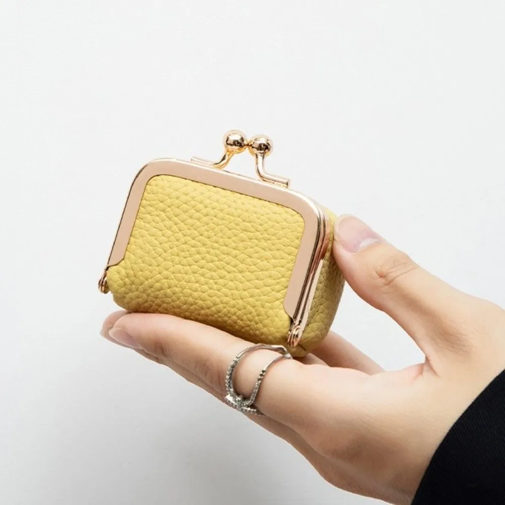 Cute Genuine Leather Kiss Lock Coin Purse Square Solid Color Leather Jewelry Bag Multifunctional Mini Small Item Bag Earrings