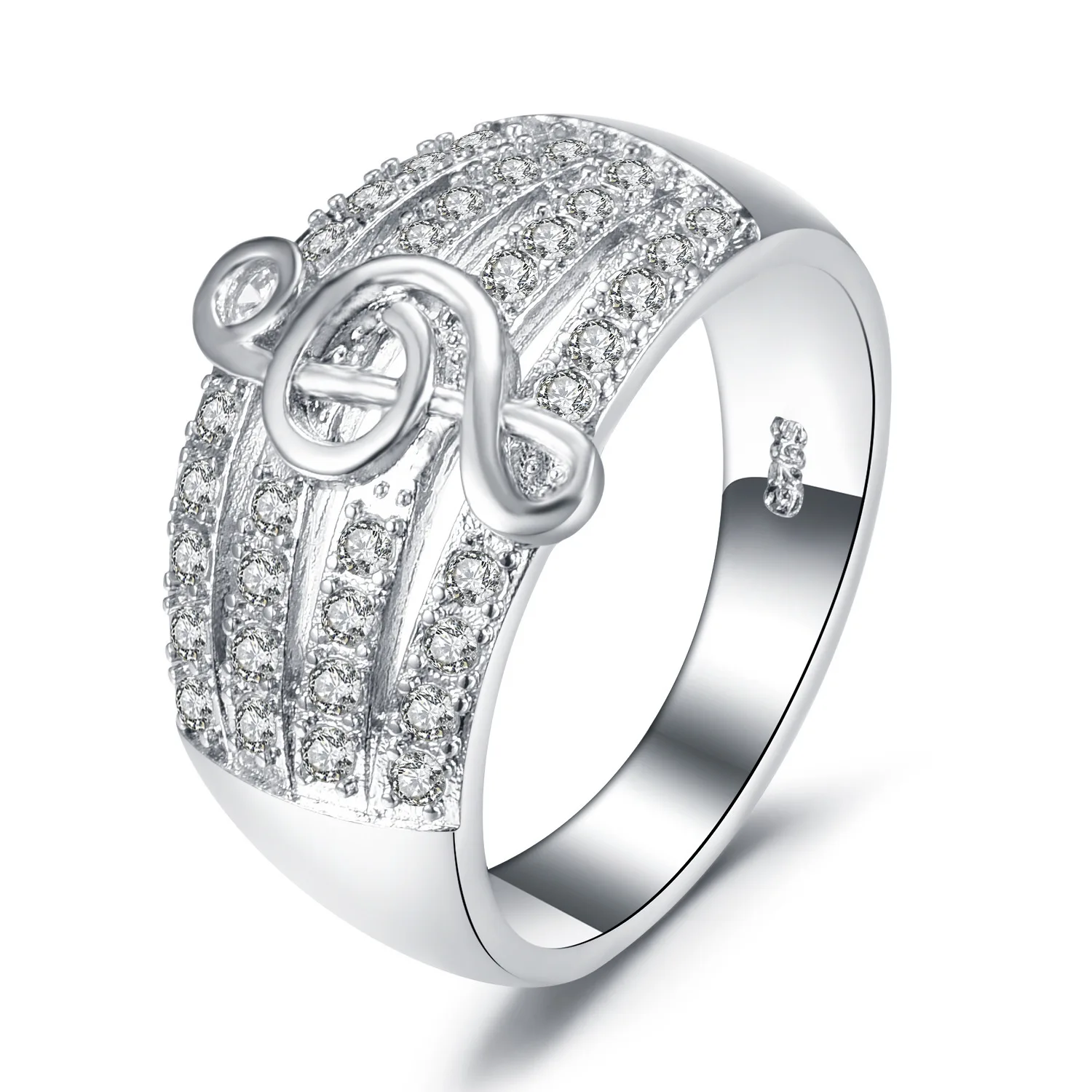 Hot Selling Womens Literary Fashion S925 Sterling Silver Ring Music Note Diamond Set Wide Sided Creative Ring With Gold Finish