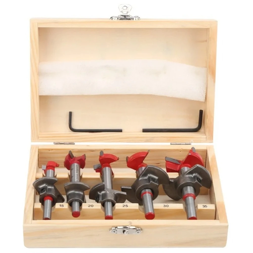 5-teiliges Set 15mm-35mm Holzbearbeitungs-Scharnierlochöffner-Set & Holzbox, Positionierbare Einstellbare Hartmetall-Flachflügel-Fotzner-Bohrer